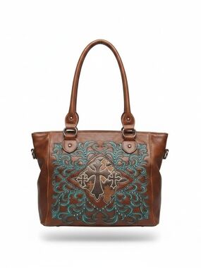 Wild West Brown Leather Shoulder Bag with Turquoise Embroidered Cross Motif